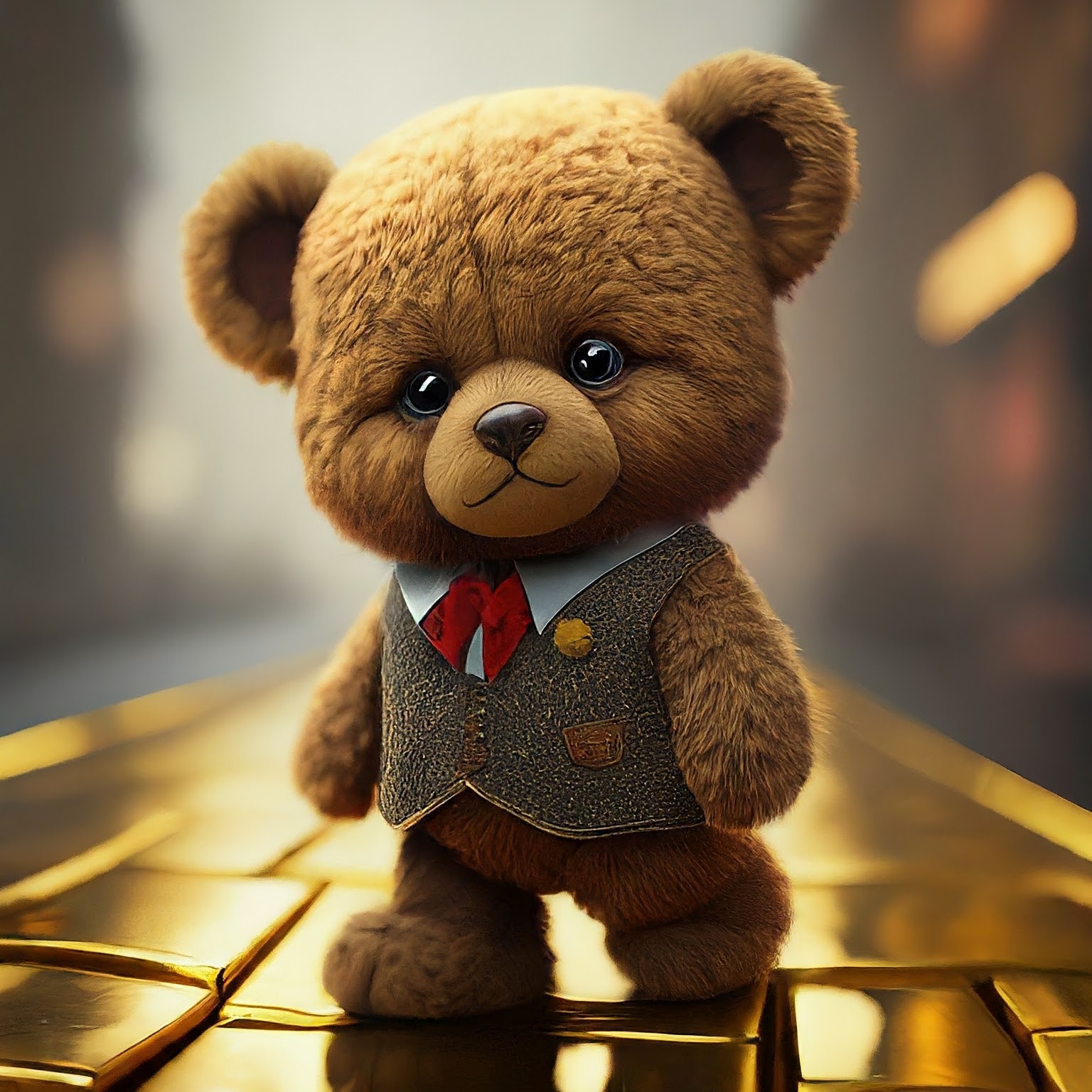 Teddy bear walking on streets paved with gold
